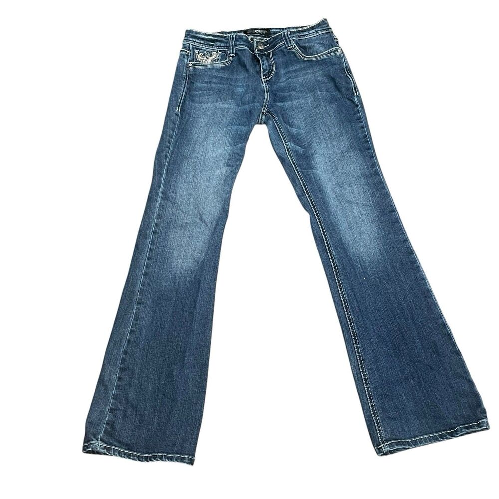 Cello Denim Jeans flared blue Embroidered Rhinestone Embellishments Sz 10 32x33”